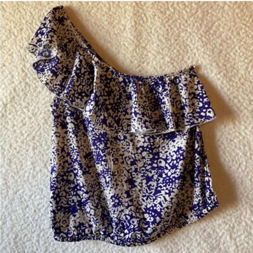 American Eagle Blue and Cream Women's Off-Shoulder Top